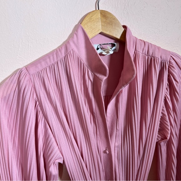 Vintage 60 70 Retro Micro Pleated Pink Balletcore High Collar Secretary Dress - Picture 4 of 17